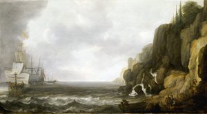 Versorgung eines Geschwaders niederländischer Kriegsschiffe, die vor einer felsigen Küste ankern, mehrere Matrosen sind am Strand gruppiert