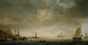 Die Küste von Scheveningen mit Fischern am Strand von Simon Jacobsz. Vlieger
