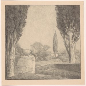 Landschaft mit Mauer und Zypresse von Simon Moulijn