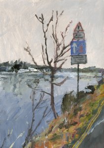 Fluss Themse mit Baum und Straßenschildern, 2023 von Simon Neville