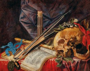 Vanitas-Stillleben mit Bratsche, Klarinette, Schädel, Noten und Kerze