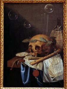 Vanitas-Stillleben mit Schädel, Lorbeerkranz, Flöten, Partitur und Weinkrug