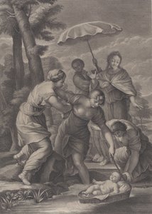 Drei Frauen ziehen den Korb mit dem Säugling Moses aus dem Wasser
