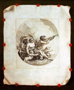 Trompe l’oeil mit Kupferstich der Galatea von Simon Vouet