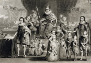 Seine Majestät Jakob I. und seine königliche Nachkommenschaft zusammen mit der Familie des Königs von Böhmen, graviert von Charles Turner, 1814