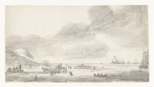 Strandansicht mit Muschelfischern und Spaziergängern von Simon de Vlieger (possibly)