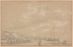 Fischer beim Trocknen von Netzen am Strand von Scheveningen von Simon de Vlieger