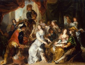 Eine Allegorie der fünf Sinne: Eine fröhliche Gesellschaft in einem palastartigen Innenraum von Simon de Vos
