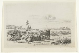 Landschaft mit Hirtin und Hund bei einer Schafherde von Simon van den Berg