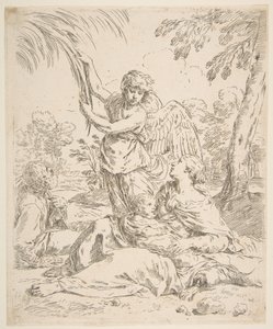 Ruhe in Ägypten, Maria stillt das Christkind, während ein Engel an Baumzweigen zieht, ca. 1639 von Simone Cantarini