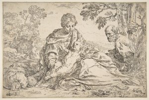 Ruhe auf der Flucht nach Ägypten, Maria hält das Jesuskind mit St. Joseph rechts, ca. 1640 von Simone Cantarini