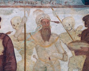Der Tod mit dem Krieger (dem Helden), Detail aus dem Totentanz von Simone II Baschenis