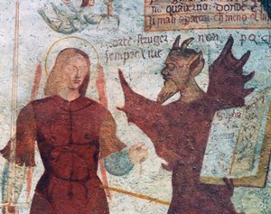 Der Erzengel Michael und der Teufel mit dem Buch der sieben Todsünden (Detail)