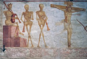 Drei Skelette spielen den Totentanz und Christus am Kreuz (Detail)