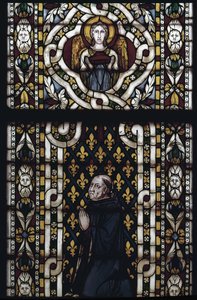 Kardinal Gentil von Montefiore kniet - Glasmalerei von Simone Martini, Basilika von St. Franziskus von Assisi, Unterkirche, Kapelle von St. Louis, Assisi von Simone Martini
