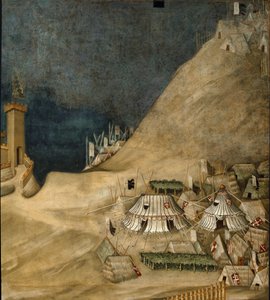 (Detail) des Militärlagers hinter Guido Riccio da Fogliano, während der Eroberung der Burg Montemassi, 1328 (Fresko)