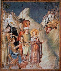 Episoden aus dem Leben des Heiligen Martin: "Heiliger Martin von Tours verzichtet auf Waffen" Fresko von Simone Martini (1285-1344). 1312-1317 - Dim 265x230 cm Untere Basilika des Heiligen Franziskus von Assisi; Kapelle des Heiligen Martin, Assisi