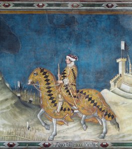 Guidoriccio da Fogliano. Guido Riccio da Fogliano (gestorben 1352), Kommandant (Condottiero) der Armee von Siena, während der Eroberung der Burg von Montemassi in Maremma im Jahr 1328. Fresko von Simone Martini (1284-1344) von Simone Martini