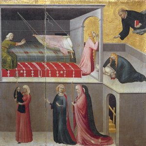 Das Wunder des Kindes, das aus seiner Wiege fällt: die drei Frauen, die am unteren Rand der Szene sprechen. Teil des Triptychons Geschichte des Eremiten von St. Augustinus