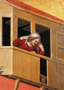 Frau, die sich über einen Balkon lehnt, Detail aus dem Altarbild mit dem Titel 