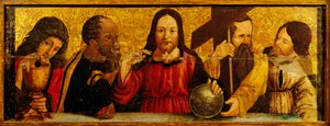 Das letzte Abendmahl, Detail aus der Predella eines Polyptychons von Simone da Firenze, Malerei auf Holz, Kirche der Heiligen Peter und Paul, San Chirico Raparo, Potenza, Italien (Detail) von Simone da Firenze