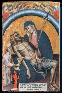 Beweinung Christi mit dem Auftraggeber Iohannes de Elthinl, von Simone dei Crocifissi, ca. 1368. Die Jungfrau wird als Unsere Liebe Frau der Schmerzen dargestellt, mit einem Schwert in ihrem Herzen.
