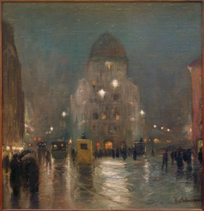 Blick auf den Stachus in München an einem trübnebeligen Winterabend von Sion Longley Wenban