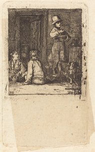 Innenraum mit drei Jungen und einem Hund