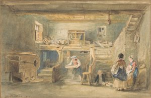 Das Innere der Pitlessie-Mühle mit einem Mann, der Korn siebt
