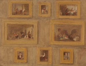Das einzige Kind; Die Maultrommel; Der Schnittfinger; Blindekuh; Der Zahltag; Der schottische Dudelsackspieler; Das Prieu-Dieu; und Selbstporträt: Eine Skizze der acht Gemälde gerahmt und an einer Wand hängend von Sir David Wilkie