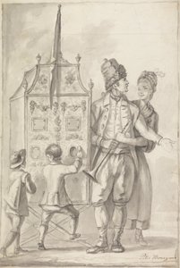 Studie eines Guckkastens mit zwei Begleitfiguren und zwei Kindern