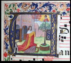 Historiierte Initiale A, aus einem Temporale, verwendet von den Schwestern der Kongregation der Karmelitinnen von Brügge, geschrieben von Schwester Margarita Bruynewe, 1505 (Detail)