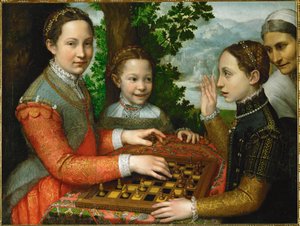 Ein Schachspiel mit den drei Schwestern des Malers und einem Diener von Sofonisba Anguissola