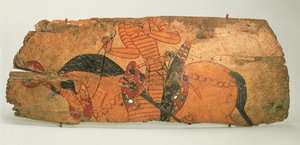 Schild, gefunden in den Ruinen von Qalai Mugh (Burg der Zoroastrier), spätes 17. bis frühes 18. Jahrhundert von Sogdian Sogdian