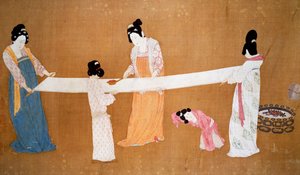 Damen bereiten die neu gewebte Seide vor, Song-Dynastie, China von Song Dynasty Chinese School