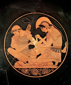 Innenraum einer attischen rotfigurigen Kylix, die Achilles zeigt, wie er den verwundeten Patroklos pflegt, aus Vulci, ca. 500 v. Chr.