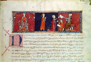 Eine Frau schwört einen Eid vor König Jakob I. von Mallorca, aus dem Capbreu de Clayra et de Millas, 1292