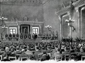 Eine Versammlung katalanischer Nationalisten im Rathaus von Manresa zur Ausarbeitung der 16 Grundlagen für die katalanische Regionalverfassung im Jahr 1892. Zeichnung von Jaume Pahissa. von Spanish School