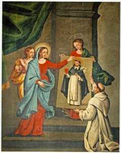 Ein Heiliger präsentiert ein Porträt von St. Dominikus der Jungfrau Maria