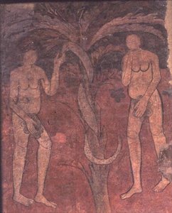Adam und Eva, der Ursprung der Sünde, Wandgemälde aus dem Triumphbogen in der Apsis des Mittelschiffs, Sta. Maria de Barbera
