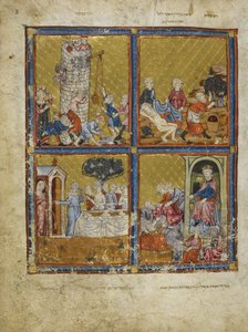 Szenen aus Genesis: Bau des Turms von Babel; Noah schneidet Trauben; Abraham und Sarah; Nimrod und Abraham, Illustrationen aus 