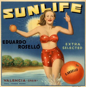 Werbung für Orangen, Bild einer Frau im Badeanzug. Werbeplakat, Valencia von Spanish School