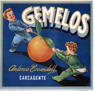 Werbung für Orangen, Bild von zwei Zwillingsbabys, die um eine Orange kämpfen. Werbeplakat, Valencia