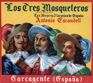 Werbebild, „Die drei Musketiere, die besten Orangen Spaniens“. Werbeplakat von Spanish School