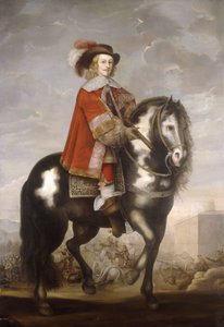 Ein Reiterporträt von Kardinal Infant Fernando de Borbon, Gouverneur der Spanischen Niederlande, ganzfigurig in einem roten Mantel und mit Federhut, eine Schlacht im Hintergrund von Spanish School