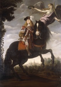 Ein Reiterporträt von König Karl II., ganzfigurig, in einem roten Mantel mit weißem Besatz, von einem Engel mit einem Lorbeerkranz gekrönt, Madrid in der Ferne von Spanish School