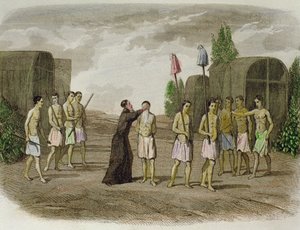 Ein indigener Sklave des Tupinamba-Stammes wird von einem Jesuitenpriester in der Nähe von Bahia im Jahr 1550 getauft