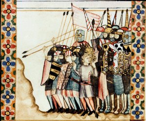 Armee der Kreuzfahrer Detail einer Seite aus einem Manuskript des Liedes von der Heiligen Maria (Cantigas de Santa Maria), dekoriert mit Miniaturen, die der Heiligen Maria und ihren Wundern gewidmet sind, eine Sammlung von Liedern, die unter der Herrschaft