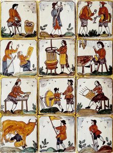 Handwerksberufe: Schuhmacher, Küfer, Korbmacher, Winzer, Zeichnungslehrer, Musiker, Kuhmelken, Schärfer, Bauer, Ebenist. Katalanische Keramikfliesen (Spanien)