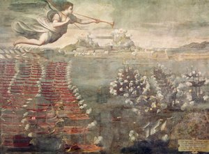 Schlacht von Lepanto. Siegreiche Schiffe betreten den Hafen von Messina von Spanish School